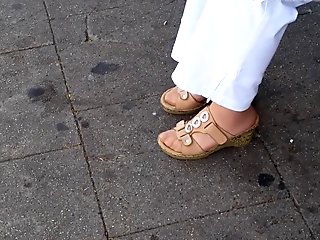 granny nylon feet in cork shoes